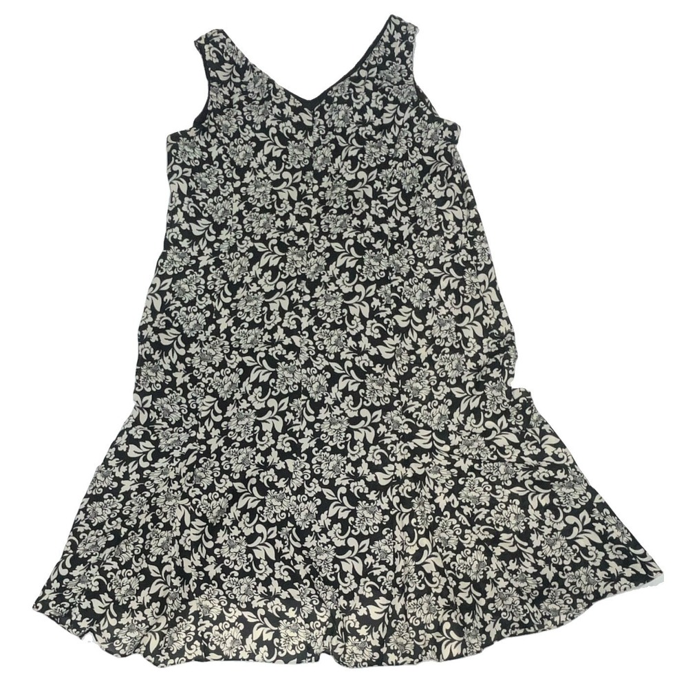 Floral Damask V-Neck Midi Dress Black White Tiered Ruffle Hem 16W